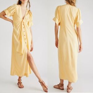 Free People Vintage Summer Midi Dress Button Down Short Sleeve‎ Yellow Size XS